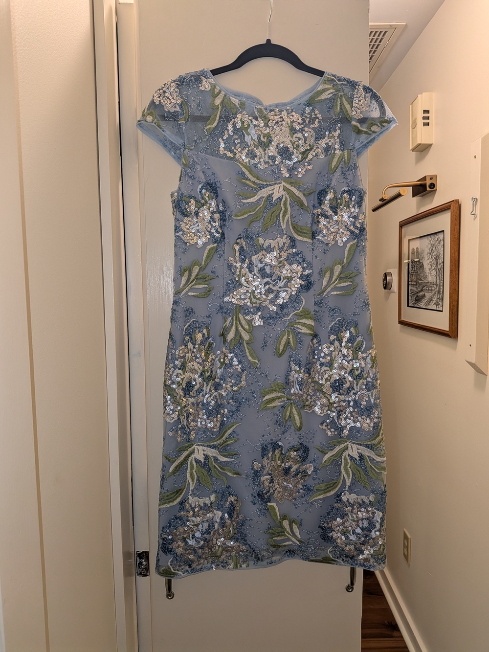 Adrianna Papell Light Blue Floral Embroidered Sequin Mini Dress Size 6